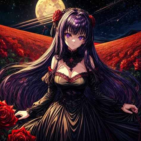 Masterpieces, high quality, anime, 2D, female, dark purple hair , purple eyes, red and black dress, sweet face, the most pretty girl, starry night sky with big full moon background, field of red roses