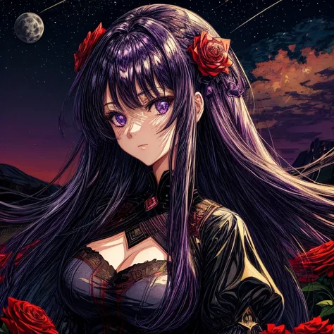 Masterpieces, high quality, anime, 2D, female, dark purple hair , purple eyes, red and black dress, sweet face, the most pretty girl, starry night sky with big full moon background, field of red roses