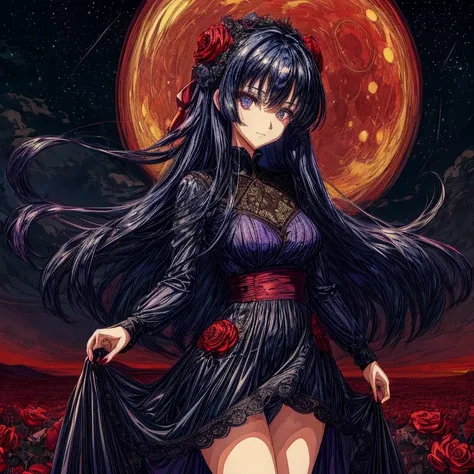 Masterpieces, high quality, anime, 2D, female, dark blue hair , purple eyes, red dress, black lace, sweet face, the most pretty girl, starry night sky with big full moon background, field of red roses