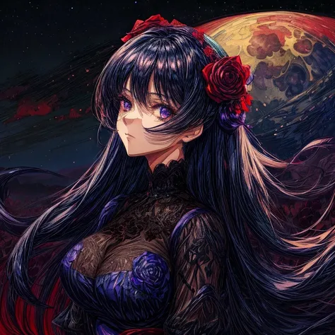 Masterpieces, high quality, anime, 2D, female, dark blue hair , purple eyes, red dress, black lace, sweet face, the most pretty girl, starry night sky with big full moon background, field of red roses