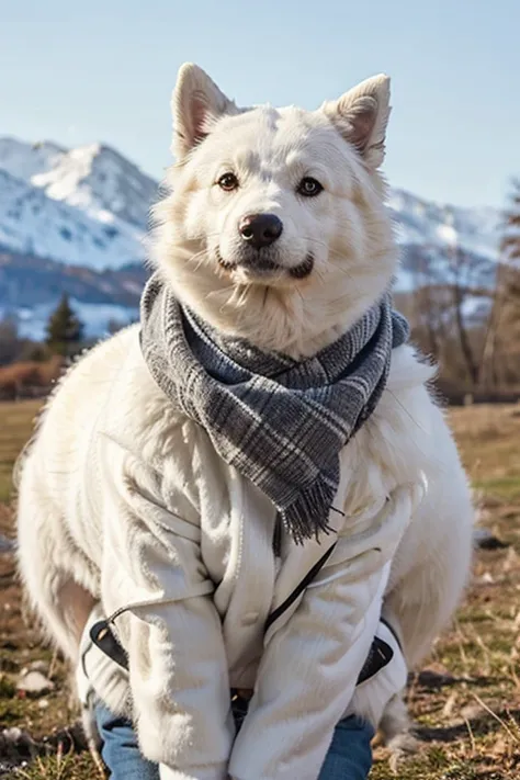 dog samoyedo con ropa de invierno