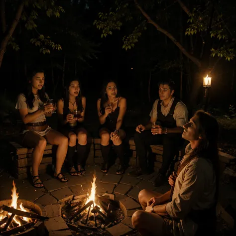 A group of fantasy adventurers sit close to a camp fire, drinking mead and telling tall tales, in a haunted woods, gleaming eyes watch them hungrily from the darkness