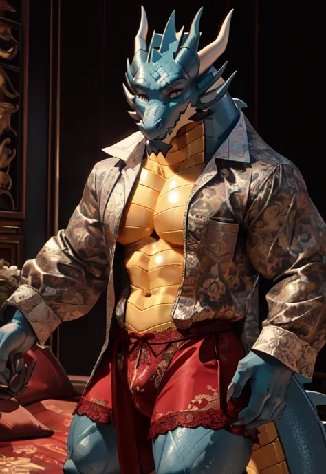 拟人化的雄性dragon, his body is decorated with luxurious lace underwear, highlight his muscular body and sharp claws. wrap his body ti...