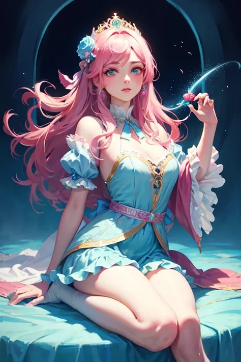 (Daisaku),(need),(Super attentive),(middle～long range shot)，(Full Body Lesbian:1.2),A girl with a rose，Light powder blue background,Pink tutu，grace， Carly，Blue ribbon，Hyper Detail Eyes，（Putting on makeup），（Best lighting，Very sophisticated and beautiful），Fa...