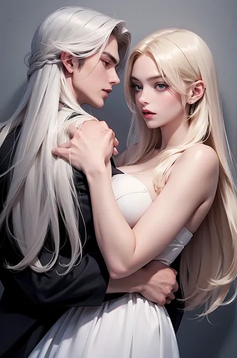 ((Best quality)), ((masterpiece)), (detailed), ((perfect face)), ((half of the body)) perfect proportions, they are a couple of vampires, they are both 18 years old, she loves each other, They kiss, they both wear light clothes, he has long white hair,   b...