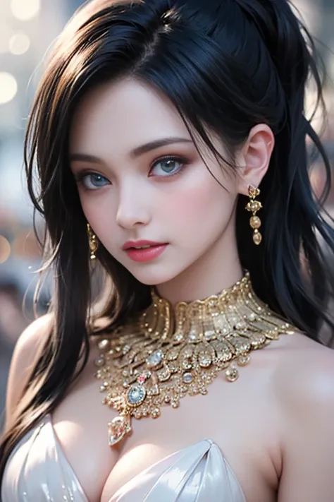 highest quality, Best image quality, RAW Photos, Realistic, Photorealistic, Very detailed and beautiful, Best details, One Girl, good looking, Beautiful white skin and glow, Beautiful eyes are big and bright, Small mouth and thin lips, Long black hair blow...