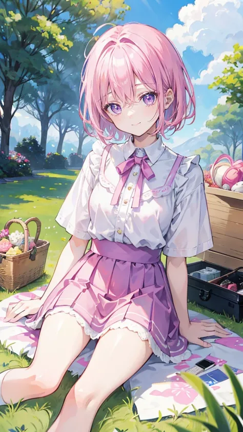 Pink hair，Purple Eyes，short hair，sister head，Black hairpin，Girl，cute，laughing expression，Happy and happy expression，White shirt，skirt，White socks on feet，Sit on the ground and have a picnic，whole body，Dont show your arms，The background is a lawn，Blue sky a...