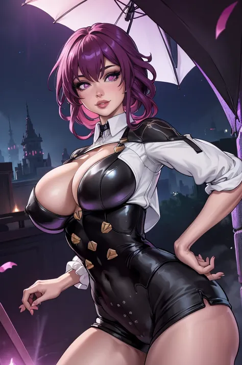 ((night:1.5)),outdoors, ((2d)), ((extremely detailed background)), ((kafka honkai )) ((kafka costumes style)), cityscape, city lights, cowboy shot,dynamic angle, standing, arms behind head, armpits, from side,,hair between eyes, hair ornament, cleavage, 1g...