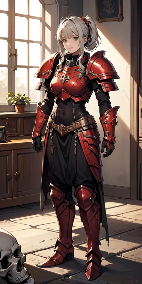 (1girl) (digital) (in detailed dungeon room, (armor)), best quality, khorne, skull