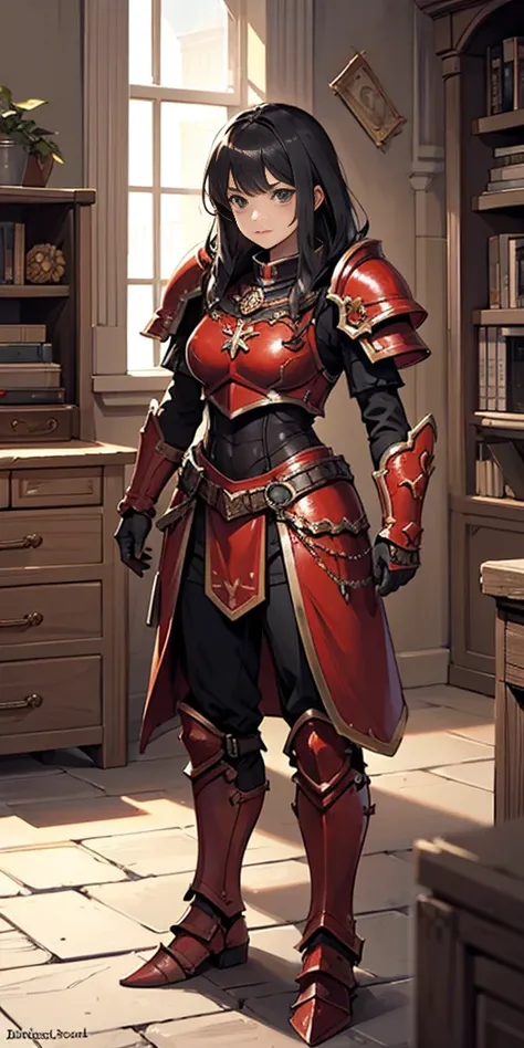 (1girl) (digital) (in detailed dungeon room, (armor)), best quality, khorne, skull