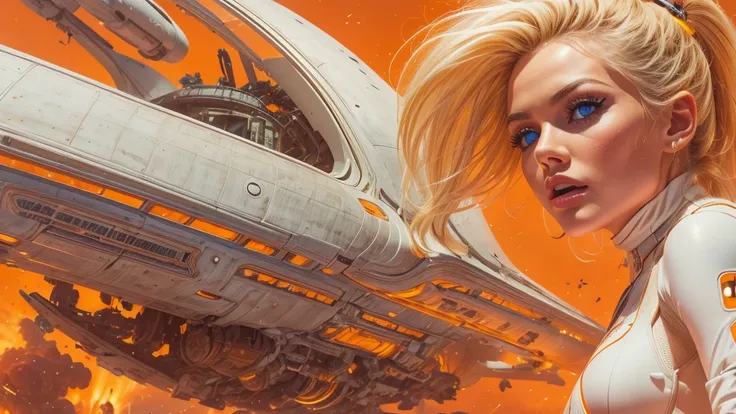 arafed image of a white woman in a futuristic suit with a spaceship in the background, movie art, in front of an orange background, inspired by Robert McGinnis, female protagonist, megastructure in the background, portrait of an ai astronaut, astronauts, a...