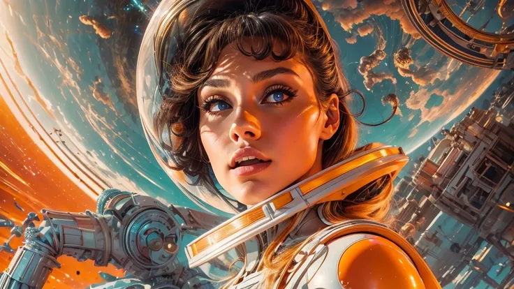 arafed image of a white woman in a futuristic suit with a spaceship in the background, movie art, in front of an orange background, inspired by Robert McGinnis, female protagonist, megastructure in the background, portrait of an ai astronaut, astronauts, a...