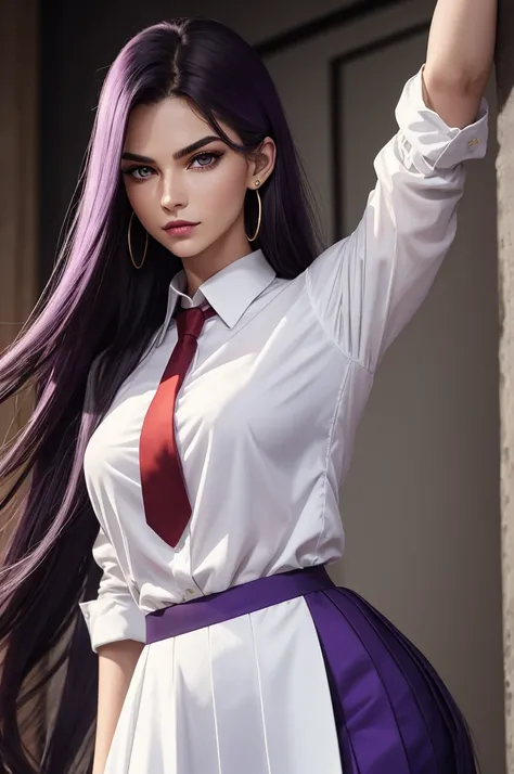 photorealistic , realism , 8k , 1.4 Official art，ultra - detailed , best quality ,(in class), long, flowing hair that reaches down her back. Her hair color may be dark, such as black or deep purple matching her eyes , vibrant purple eyes. they are often de...