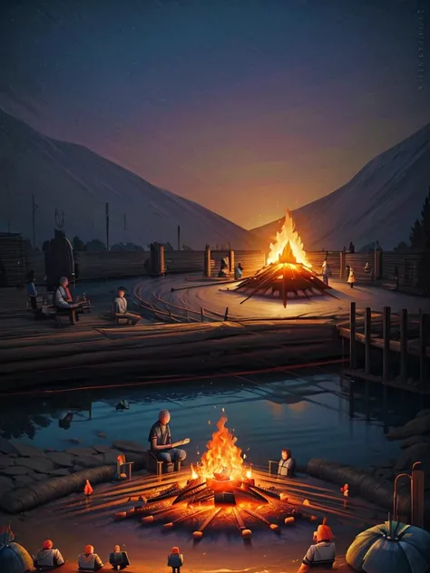 general shot, fisheye camera: 1.7, ((campfire at sunset, fishermen on the bank of a river, logs to sit around the campfire: 1.7)), the best possible quality, Ultra resolution 8k, Impressive illustration, The best of everything, award-winning, how to be the...