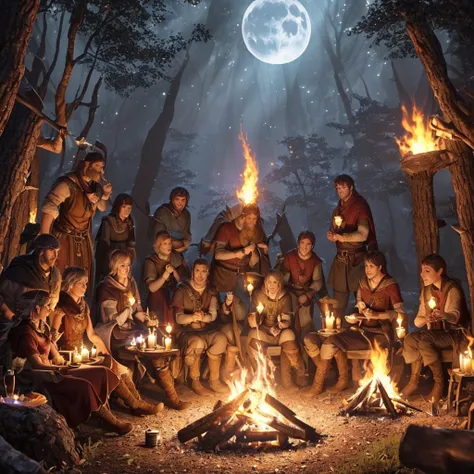 (a group of fantasy adventurers sitting close to a campfire,drinking mead and telling tall tales),(fantasy,adventurer,group:1.1)...