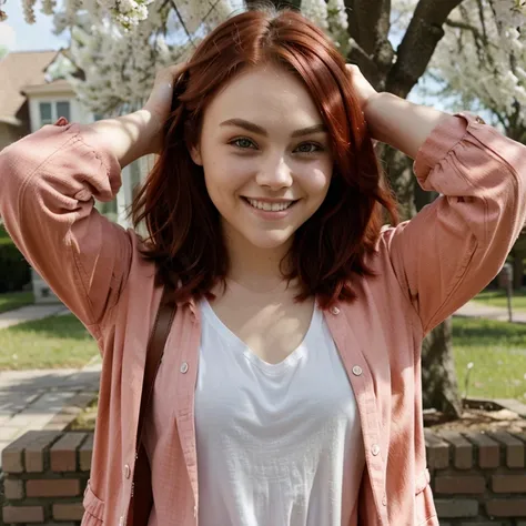 AnnaSophia Robb with dyed red hair dressed in spring clothes smiling