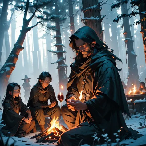 (a group of fantasy adventurers sitting close to a campfire,drinking mead and telling tall tales),(fantasy,adventurer,group:1.1),(campfire:1.1,fire),(mead,drinking:1.1),(telling tall tales:1.1),(haunted woods,woods,forest),(gleaming eyes:1.1,watching hungr...