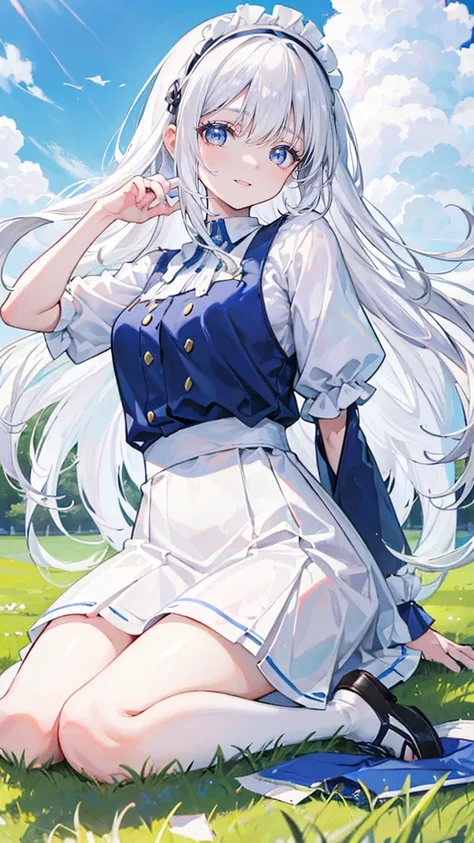 White hair，Long hair，Bangs，Bangs整齐，Hairband，Gray eyes，girl，cute，laughing expression，Happy and happy expression，White shirt，skirt，Sit on the ground and play，whole body，Dont show your arms，The background is a lawn，Blue sky and white clouds