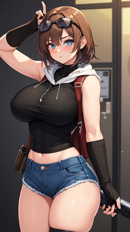 solo thick figure thick thighs size huge breast size huge hip blue eyes tan skin girl short dark brown messy hair wear fingerless gloves wear short crop top hoodie wear short crop jean ripped wear holster wear black stocking tight outfit holding a rifle on...