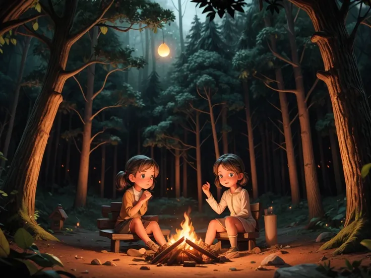 In a dark forest, under the starry sky, a flickering campfire casts a warm glow. Two girls from a woodland school sit around the fire, their eyes captivated by the dancing flames. The firelight highlights their expressive eyes and beautiful lips. The girls...