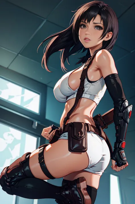 Unreal Engine 5 Realistic Render, (masterpiece, best quality), intricate details, ((Best quality)), ((masterpiece)), ((realistic)), (hyperrealism:1.2), (fractal art:1.2), 
1girl, tifa lockhart original costume, white crop top, arm guards, fingerless gloves...