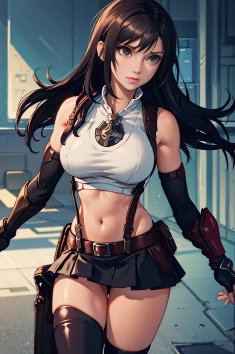 Unreal Engine 5 Realistic Render, (masterpiece, best quality), intricate details, ((Best quality)), ((masterpiece)), ((realistic)), (hyperrealism:1.2), (fractal art:1.2), 
1girl, tifa lockhart original costume, white crop top, arm guards, fingerless gloves...