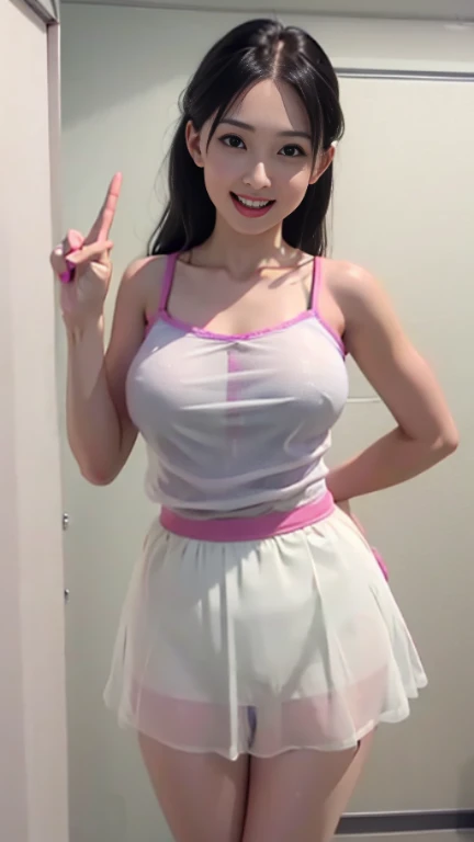 anime、8k,detailed description、Long thin camisole、See-through pantieini skirt、20 year old girl,alone,smile,Open your mouth,tooth, peace, sign, Big Breasts,Bedroom、