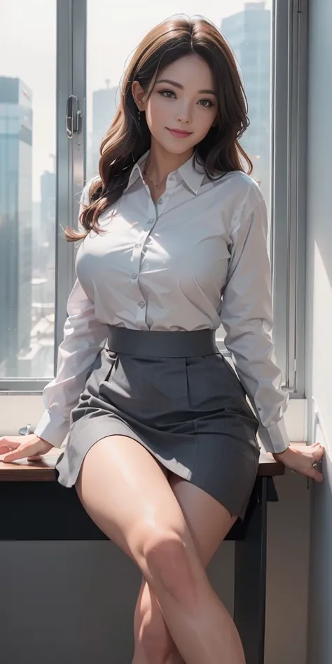 ((Best Quality, 8k, Masterpiecedetails, ultra-high resolution)), (group picture),(looking at the viewer), (full shot:), attractive business 5 milfs, 5 people, a bit chubby:0.25, seductive expression, white collared shirt, grey skirt, (sitting with cross le...