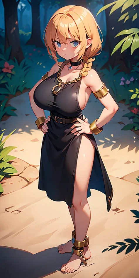 full body, barefoot, solo, female, big breast ,linen tunic, fantasy village, armor, Handcuffs on their hands, With a collar around the neck, hands on hips, slave, ((black choker, shackles on legs and arms))