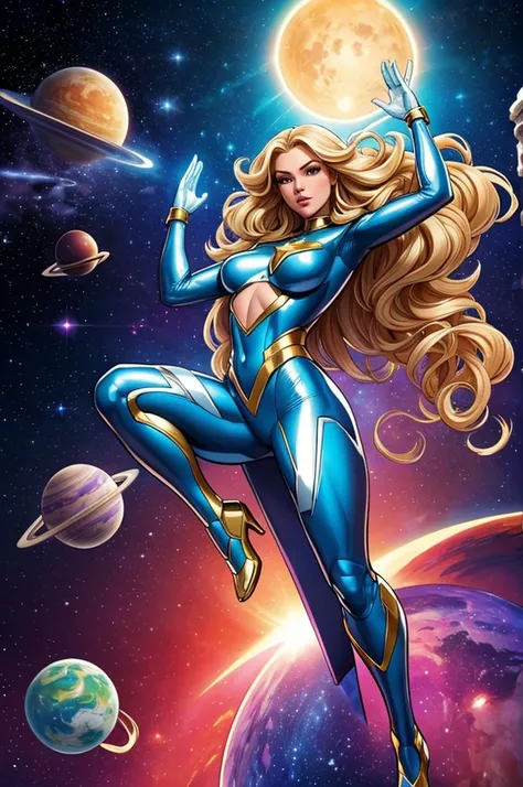 best quality, masterpiece, woman space super hero, beautiful face,full body,hi-tech armour over silver latex suit, long curly blonde hair,flying in super hero pose in deep space, with several planets and suns in the background
