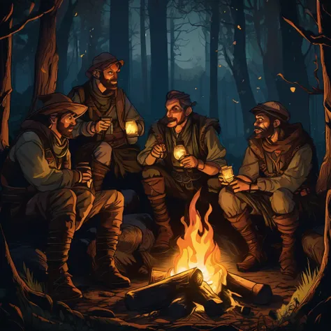 A group of fantasy adventurers sit close to a camp fire, drinking mead and telling tall tales, in a haunted woods, gleaming eyes watch them hungrily from the darkness