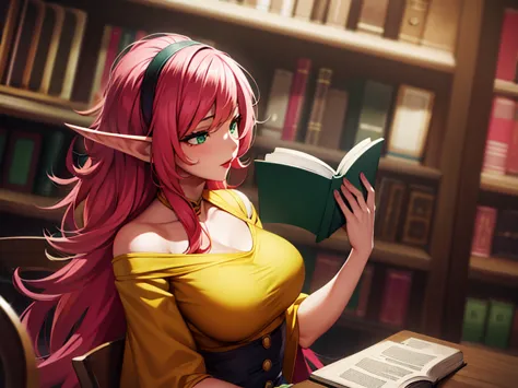 Best quality: 1.0), (Super High Resolution: 1.0), detailed anime artwork, detailed digital anime art, complex gorgeous anime CGI style, 1 elf woman, wearing a yellow shirt, black pants, sit on a chair, reading a large book, library,  red lips, exposed boso...