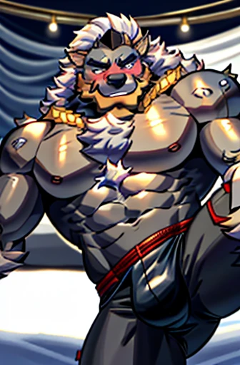 solo, male, werewolf, ((mature and older werewolf with muscular and bulky, burly build)), canine, facial hair covering a black beard, blushing, chest and stomach hair, smiling with happiness, grey fur covering his fluffy body and fluffy legs, splayed legs ...