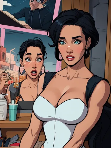 Jennifer Connelly together with Monica Bellucci in Mas Max the movie style Cartoon style digital illustration 