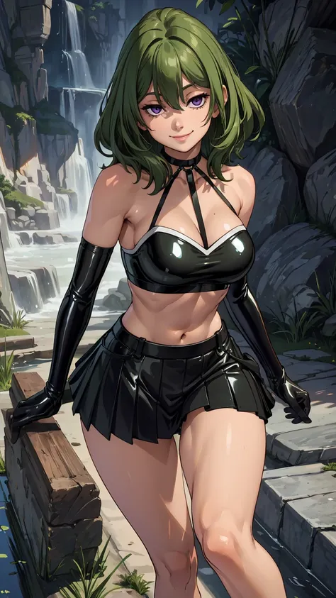 (best quality:1.3), (4k quality), ((detailed face)),((smile)), ((skinny body)), green hairs, (beautiful breasts), cleavage, sexy...