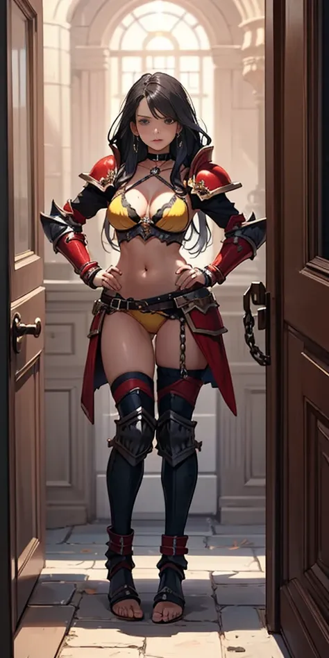 (1girl) (digital) (in detailed dungeon room, (armor)), best quality, khorne, skull, full body, barefoot, 1 solo female girl MILF BIMBO, big breasts, long hair, YELLOW bikini, handcuffs on their hands with a collar around the neck, hands on hips, ((black ch...