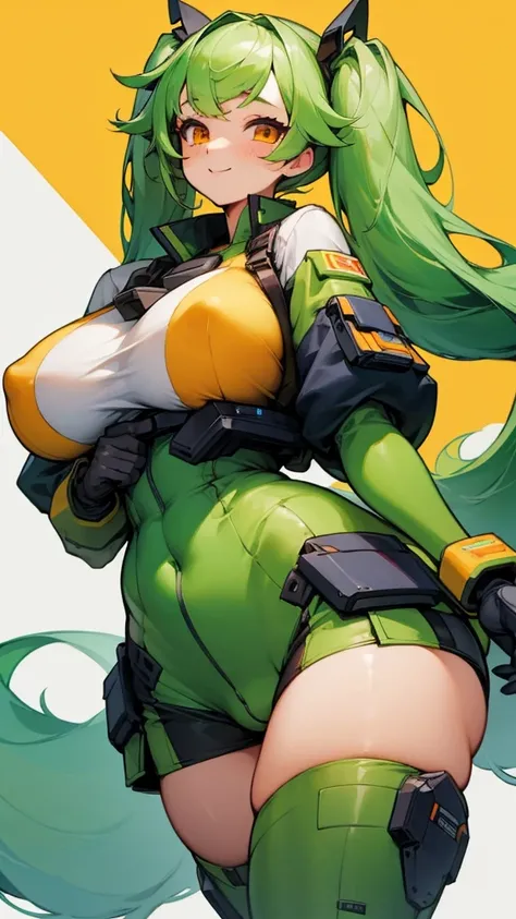 1girl, solo, , masterpiece, disproportionate breasts,chubby body ,gigantic breasts, sagging breasts, oppai, 13years, twintail hair, green hair, slanted eyes, orange eyes, gentle smile,