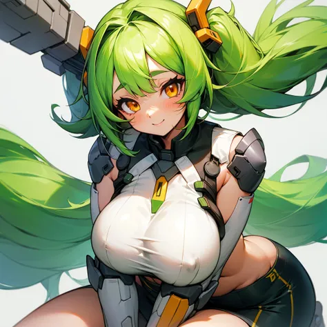 1girl, solo, , masterpiece, disproportionate breasts,chubby body ,gigantic breasts, sagging breasts, oppai, 13years, twintail hair, green hair, slanted eyes, orange eyes, gentle smile,