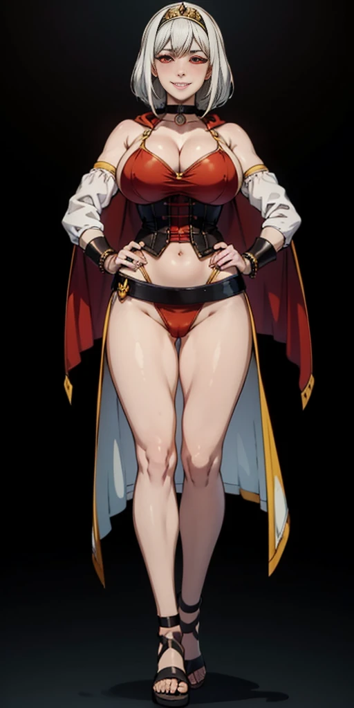 ((BLACK BACKGROUND,1:2, masterpiece)), full body MILF BIMBO standing with two long thighs and two high heels, red eyes, silver white hair, short bob style hair, big breasts, cleavage, separate sleeves, tiara royal, long cape up to two feet, yellow bikini, ...