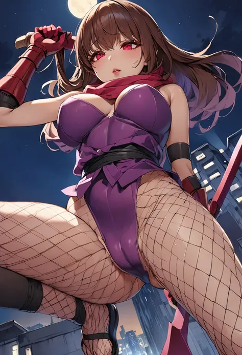 brown hair、Waist-length hair、Red Eyes、Beautiful eyes、Delicate Eyes、Droopy eyes、Pink Lips、Purple Leotard、Digging into the crotch、Female ninja、Fishnet tights、Red Gauntlets、Tabi shoes、Ninja sword、On the roof at night、Angle from below