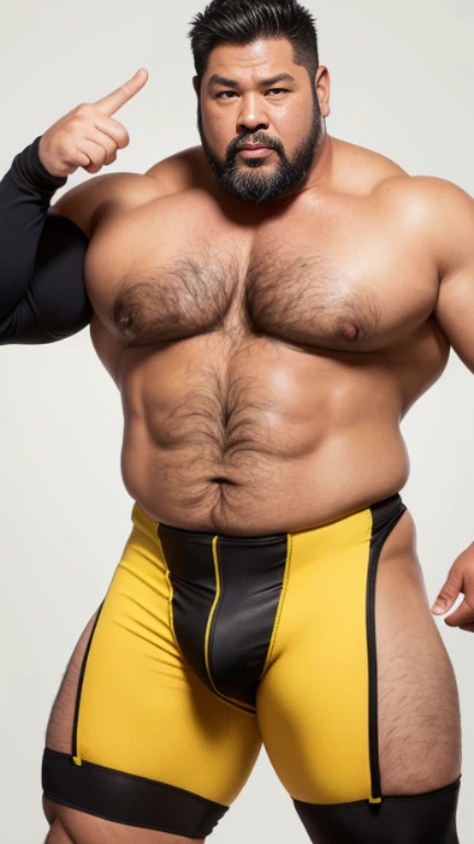 black hair, middle-aged man, individual, male, Muscular wrestler, muscular, Stout wrestler, Asian, Japanese, uncle, 55 year old middle-aged man, short hair, short hair, yellow wrestling boots, full body portrait, shadow, Vision, yellow briefs, obesity, 45 ...