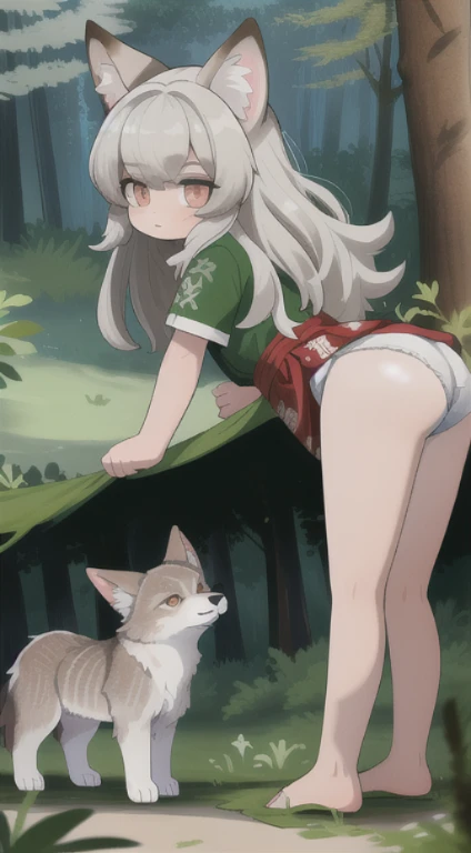 A female wolf, cor prateada,  loba gigante, olhos castanhos, presas grandes, cauda longa e peluda,in the forest near the river. Feral, e621, de costas, obra de arte, anatomia correta , mostrando a bunda