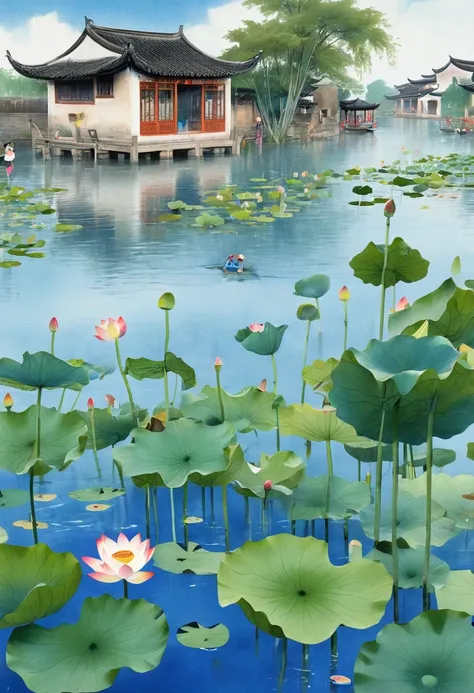 Jiangnan Water Village, Lotus, lotus, lotus root, Good times, Lotus leaves surface, side by side, overlapping, The wind blows, Under dense lotus leaves, The happy fish keep playing, Childrens picture book, rich and colorful, Hand drawn colored pencils, Art...