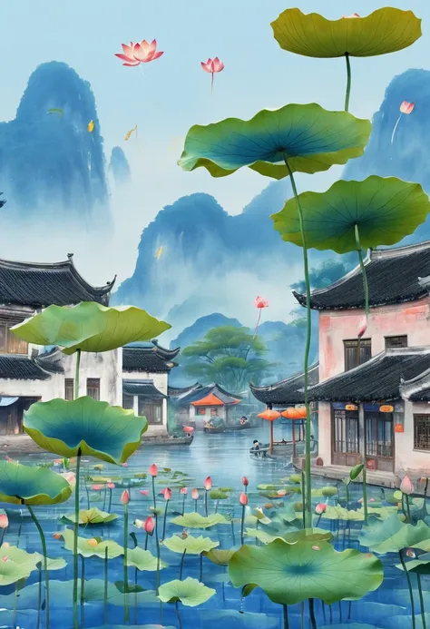 Jiangnan Water Village, Lotus, lotus, lotus root, Good times, Lotus leaves surface, side by side, overlapping, The wind blows, Under dense lotus leaves, The happy fish keep playing, Childrens picture book, rich and colorful, Hand drawn colored pencils, Art...