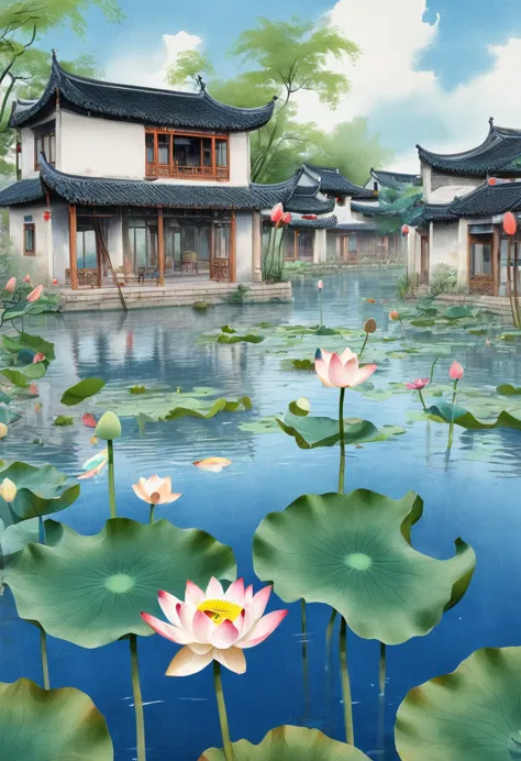 Jiangnan Water Village, Lotus, lotus, lotus root, Good times, Lotus leaves surface, side by side, overlapping, The wind blows, Under dense lotus leaves, The happy fish keep playing, Childrens picture book, rich and colorful, Hand drawn colored pencils, Art...