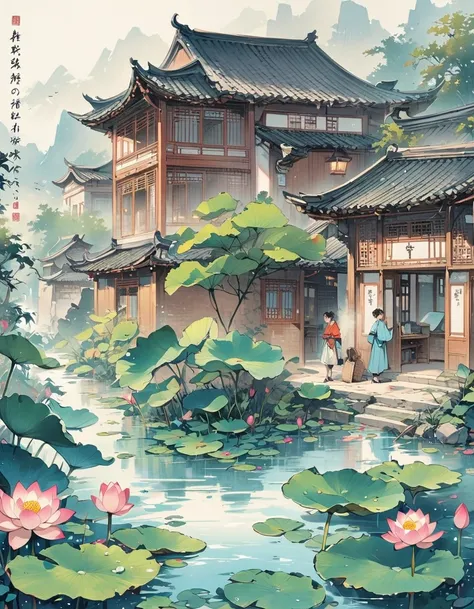 Jiangnan Water Village, Lotus, lotus, lotus root, Good times, Lotus leaves surface, side by side, overlapping, The wind blows, Under dense lotus leaves, The happy fish keep playing, Childrens picture book, rich and colorful, Hand drawn colored pencils, Art...