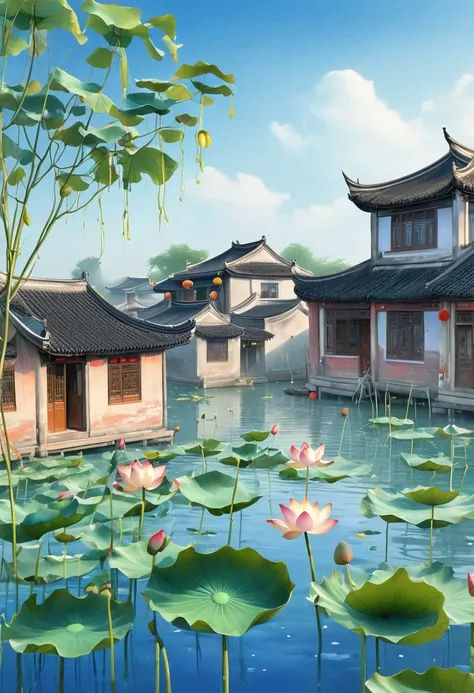 jiangnan water village, lotus, lotus, lotus root, good times, lotus leaves surface, side by side, overlapping, the wind blows, u...