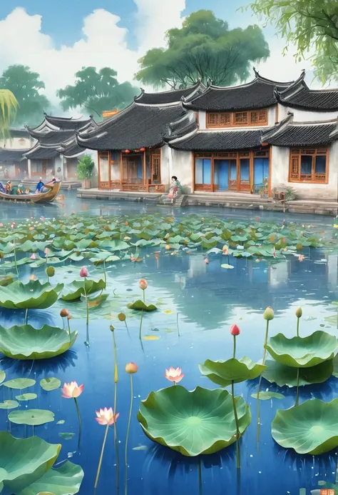 Jiangnan Water Village, Lotus, lotus, lotus root, Good times, Lotus leaves surface, side by side, overlapping, The wind blows, Under dense lotus leaves, The happy fish keep playing, Childrens picture book, rich and colorful, Hand drawn colored pencils, Art...