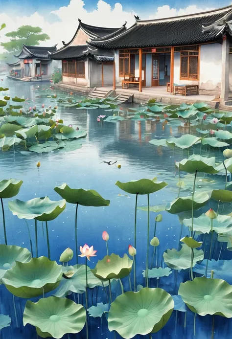 Jiangnan Water Village, Lotus, lotus, lotus root, Good times, Lotus leaves surface, side by side, overlapping, The wind blows, Under dense lotus leaves, The happy fish keep playing, Childrens picture book, rich and colorful, Hand drawn colored pencils, Art...