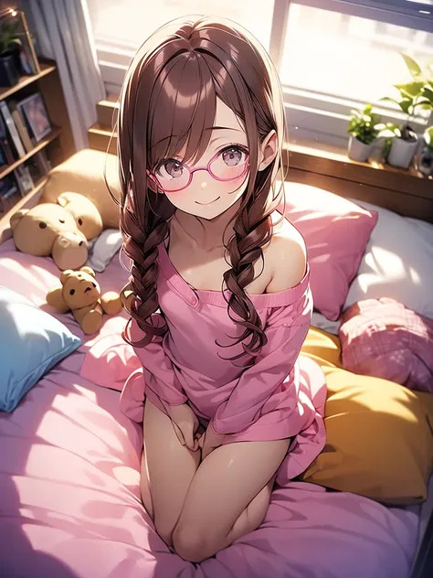 1 girl, pink framed glasses, brown hair, wide forehead visible, bobbed hair, completely nude, very small breasts, pink pussy, lu...